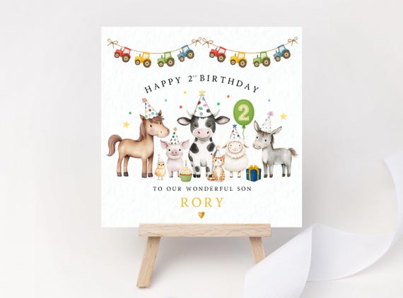 Farm Animals 2nd Birthday Card – Personalised Name & Relation – Tractor Bunting – Cow, Horse, Pig, Lamb, Donkey Two Farmyard Party Keepsake