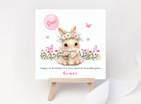 Bunny First Birthday Card Personalised Floral Cute Bunny Wildflowers One Custom Name Granddaughter Daughter Niece One Pink 1st Birthday Gift