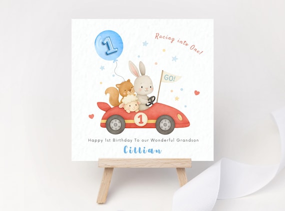 Racing Car Birthday Card Personalised Racing into One Card 1st Birthday Card for Son Grandson Nephew Godson Great Grandson Car Vehicle Card