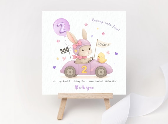 Racing Car Birthday Card Personalised Racing into Two 2nd Birthday Card for Daughter Granddaughter Niece Goddaughter Cute Bunny Car Vehicle