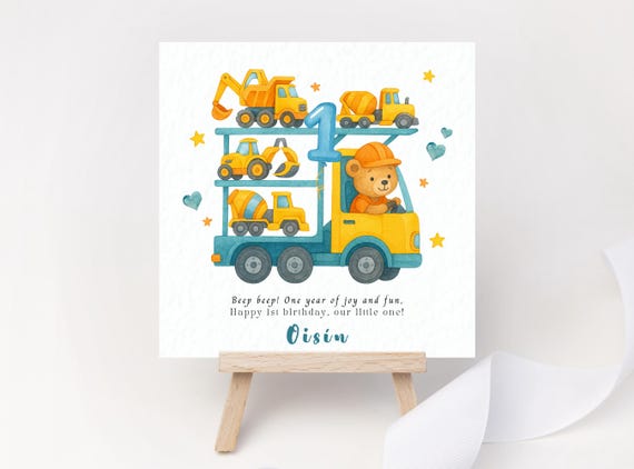 Transporter 1st Birthday Card Construction Vehicle Birthday Card Cute Trucks Digger Dumper Cement Mixer Excavator Son Grandson Nephew Godson