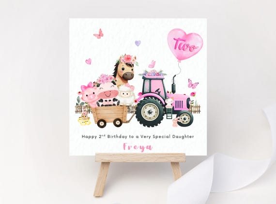 Personalised Farm Birthday Card – Cute Tractor & Animals Cow Sheep – Pink 2nd Birthday for Daughter, Granddaughter, Niece, Girl - Two Party