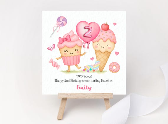 Two Sweet Birthday Card Cute 2nd birthday card Candy Ice Cream Lolly Lollipop Cupcake Party Girl Daughter Granddaughter Niece Goddaughter