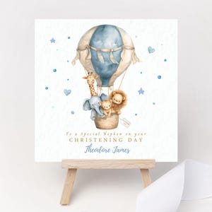 Biglietto di battesimo personalizzato per bambino – Blue Safari Mongolfiera ricordo