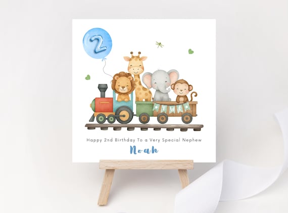 Safari Train 2nd Birthday Card Personalised with Name for Grandson Son Nephew Godson Great Grandson Boy Animals Monkey Lion Party Two Train