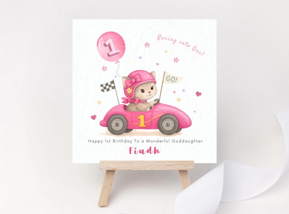 Racing Car Birthday Card Personalised Racing into One Card 1st Birthday Card for Daughter Granddaughter Niece Goddaughter Kitten Car Vehicle
