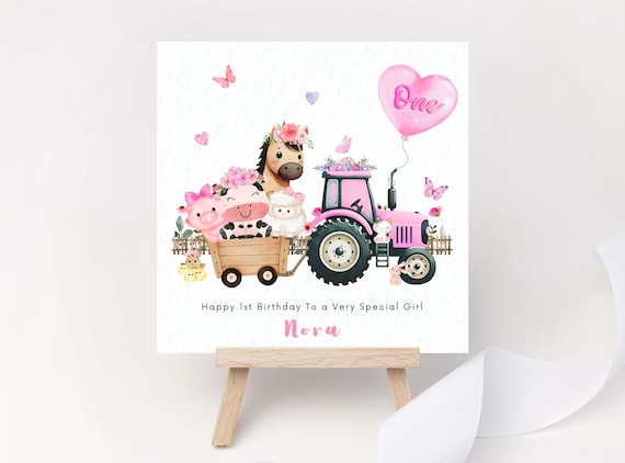 Personalised 1st Birthday Card – Pink Farm Tractor, Cow, Horse & Sheep – Keepsake for Girl, Daughter, Granddaughter, Niece