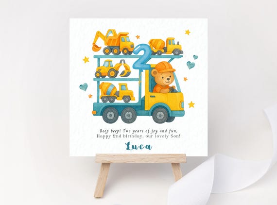 Transporter 2nd Birthday Card Construction Vehicle Cute Truck Digger Dumper Cement Mixer Excavator Son Two Card for Grandson Nephew Godson