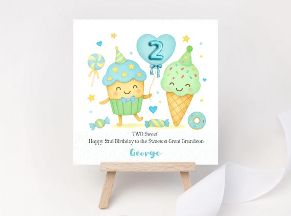 Two Sweet Birthday Card Cute 2nd birthday card Candy Ice Cream Lolly Lollipop Cupcake Party Boy Son Grandson Nephew Godson Playful Card Age2