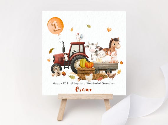 Personalised Autumn Farm Birthday Card Cosy Fall Woodland Animals Tractor First Birthday Grandson Pumpkin Harvest Party One Son Nephew