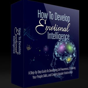 May include: A dark blue book cover with the title "How To Develop Emotional Intelligence" in white and a stylized brain graphic. The cover also includes the text "A Step-By-Step Guide To Developing Self-Awareness, Improving Your People Skills, and Creating Happier Relationships."