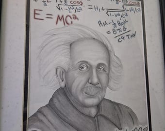 May include: Framed pencil drawing of Albert Einstein with equations in the background. The portrait is in grayscale, with Einstein's signature hair and mustache. The equation E=MC² is visible. The frame is black and the matting is white.