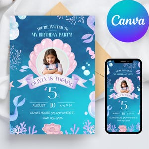 Mermaid Birthday Invitation | Editable Canva Template | Under the Sea Theme | Printable & Digital Download | Beautiful Girl Party Invite