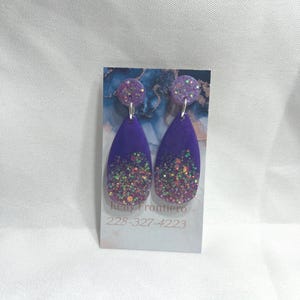 Resin Teardrop Stud Purple Glitter Earrings Dangle Hypoallergenic OOAK