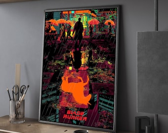 May include: Framed art print featuring a neon-lit cityscape with figures under umbrellas in the rain. The artwork has a dark, moody color palette with orange and red accents. The title "Blade Runner" is at the bottom.