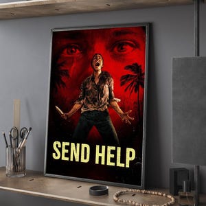 May include: Framed poster with a red background featuring a distressed person holding a knife, with the text "SEND HELP" in yellow. The poster has a dark frame and is displayed on a shelf.