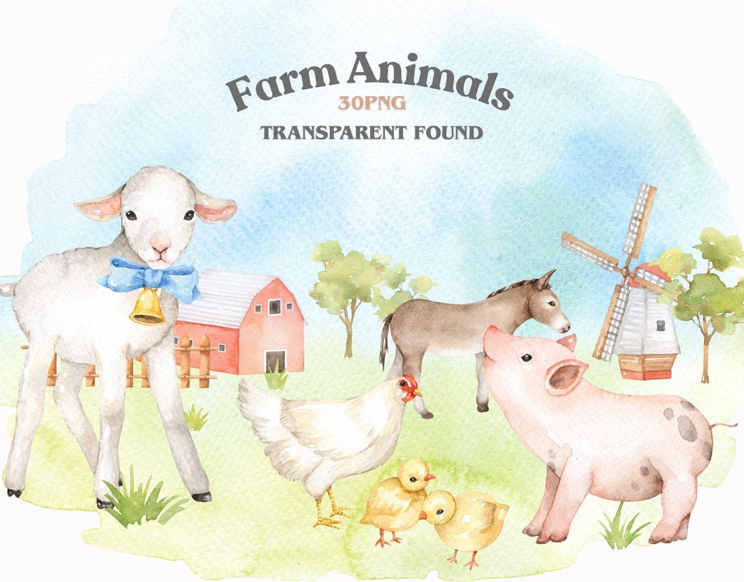 Watercolor Farm Animals Clipart Set ‒ Cute Pngs of Pig, Cow, Sheep ...