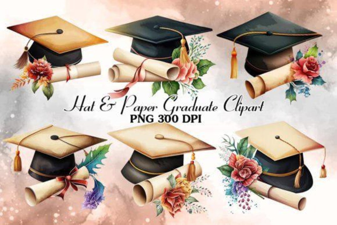 Graduation Cap & Diploma Clipart Bundle | Watercolor Pngs 300 DPI ...