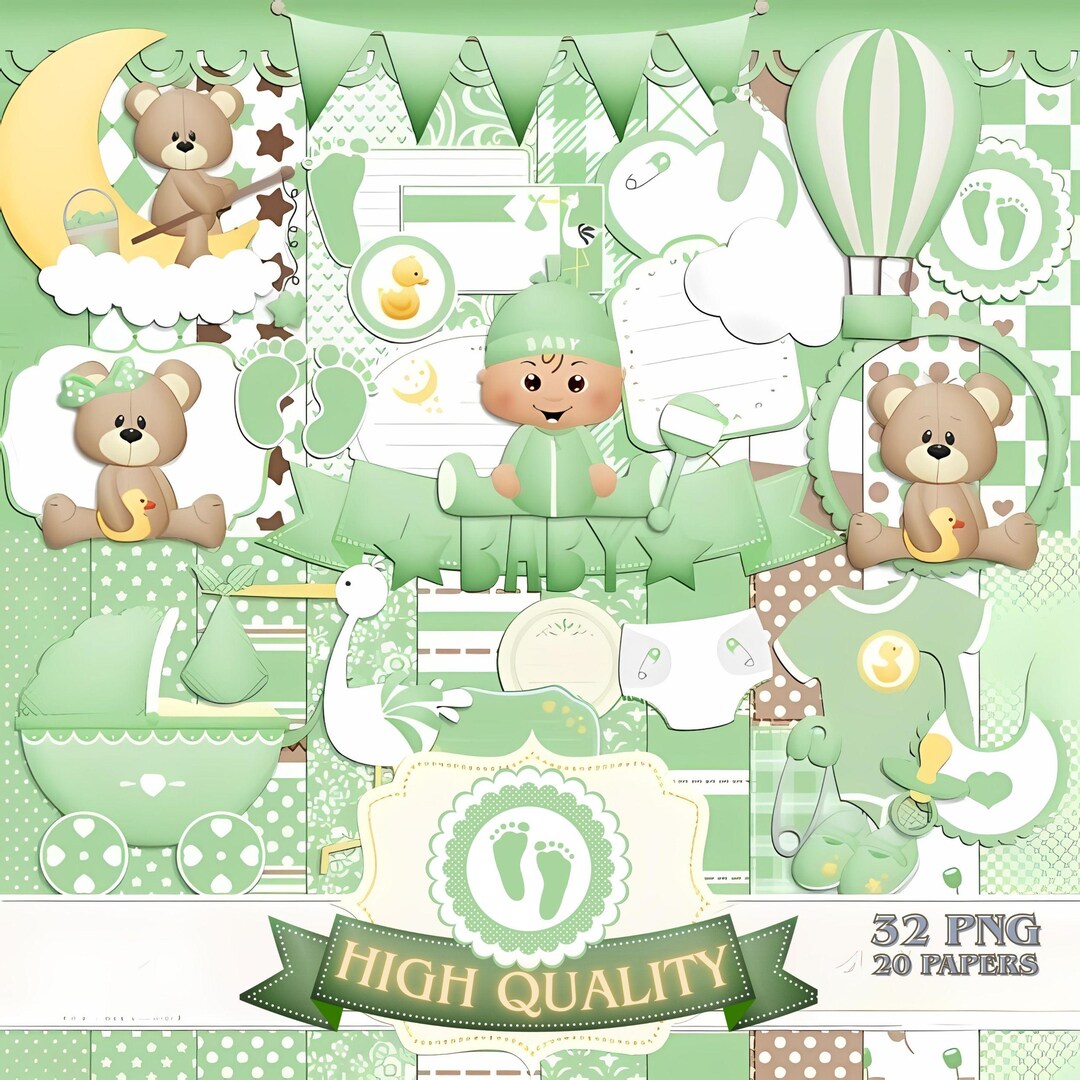 Baby Shower Clipart Bundle | 32 PNG + 20 Papers | Green Teddy Bear Baby ...