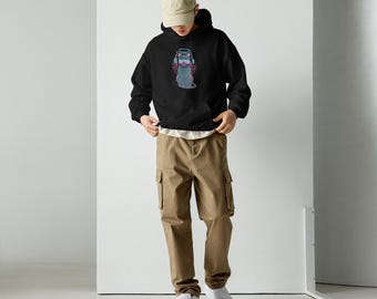 Neon Gamer Cat Hoodie – Pixel | Gildan 18500 Unisex | Black / Purple Fleece | Retro Arcade Vaporwave