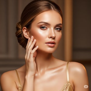May include: A portrait of a person with fair skin, light eyes, and a golden complexion. The person's hair is styled in a bun. They are wearing a gold-colored top with lace detailing. The person's hand is gently touching their face.