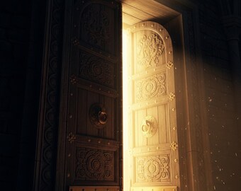 Puede incluir: Doble puerta de madera entreabierta, con tallas ornamentales y detalles de latón. Una luz dorada y brillante emana de la abertura. Las puertas presentan manijas circulares con diseños de cabeza de león. La imagen evoca misterio y expectativa.