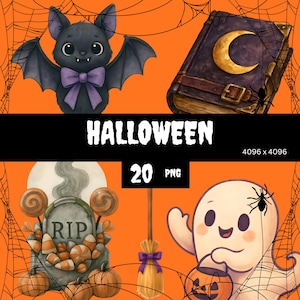 Halloween Watercolor Clipart Bundle – Cute Spooky Characters, Pumpkins, Ghosts, Witch Accessories – Commercial Use Digital Download