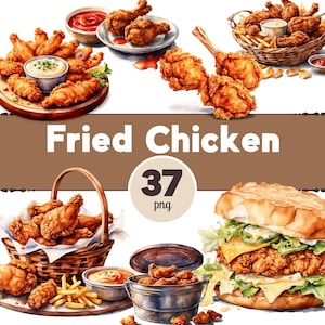 Peut inclure: Divers morceaux de poulet frit dorés, dont des ailes et des pilons, sont présentés avec des sauces et des frites. L'image comprend un sandwich au poulet frit et le texte "Fried Chicken" et "37 png".