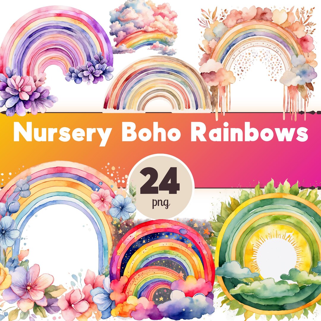 Boho Rainbow Watercolor Clipart – Nursery Decor, Baby Shower Pngs ...