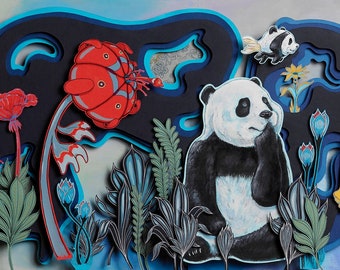 PANDA GARDEN, limited edtion giclee, archival print, pop surrealism, lowbrow art, panda, paper cut art, panoramic art, surrealism, artwork