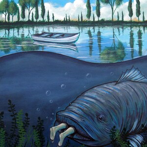 Bad Day Fishing (Un mal día de pesca): impresión surrealista pop de cartulina de alta calidad firmada a mano de 11 x 14 pulgadas, por Leif Erik Johansen