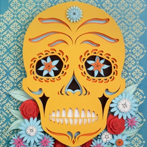 Teschio di zucchero n.5, STAMPA GICLEE, taglio della carta, arte della carta, giorno dei morti, teschio di caramelle, surrealismo pop, sopracciglia basse, nuovo contemporaneo, arte, teschio, 3D