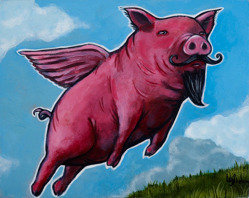 Flying Pig When Pigs Fly Bacon Mustcahe Pop Surrealism Image 0
