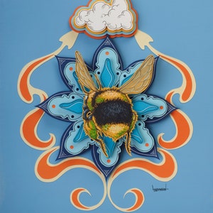May include: A paper craft artwork featuring a bee in a blue and orange flower with a white cloud above. The bee is yellow and black with green accents. The artwork is on a light blue background.
