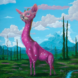 Sphynx-Giraffe Limited Edition GICLEE reproduction, pop surrealism, surrealism, lowbrow, weird, hybird animals, art, funky, cat, giraffe