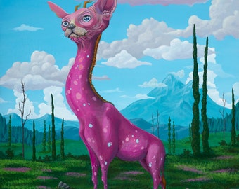 Sphynx-Giraffe Limited Edition GICLEE reproduction, pop surrealism, surrealism, lowbrow, weird, hybird animals, art, funky, cat, giraffe