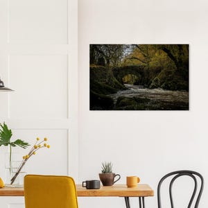 May include: A framed print depicting a stone bridge spanning a river in a forest. The bridge is arched and covered in moss, with trees on either side. The water is flowing rapidly, creating a dark and atmospheric scene.