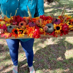 Rustic Fall Table Centerpiece | Handmade Autumn Arrangement with Pumpkins, Sunflowers, and Faux Florals | Farmhouse Thanksgiving Decor