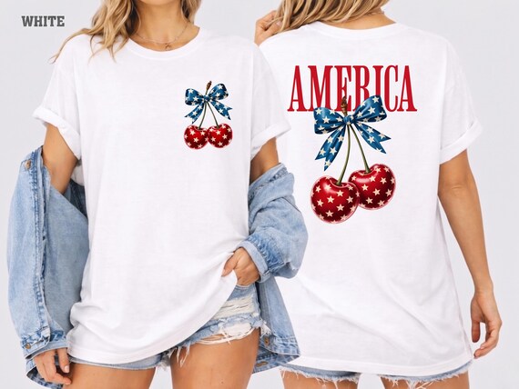 Patriotic Cherry Shirt, America Graphic Tee, Fourth Of July Bow Shirts, Coquette Patriotic Gift