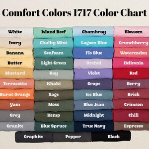 The image is a color chart displaying various colors, including white, island reef, chambray, blush, vanilla, butter, light green, orchid, kaki, kahki, grape, and more.