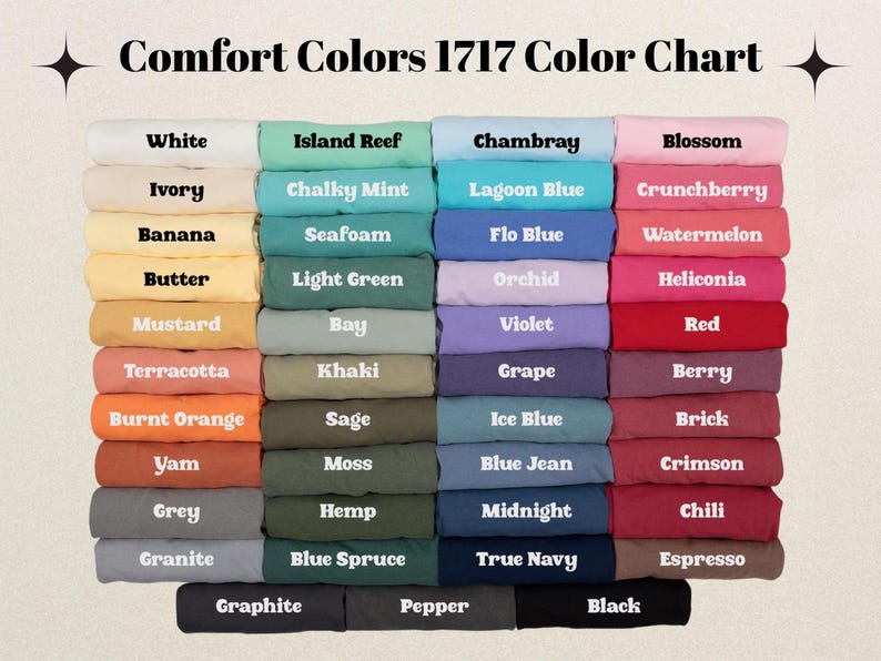 The image is a color chart displaying various colors, including white, island reef, chambray, blush, vanilla, butter, light green, orchid, kaki, kahki, grape, and more.