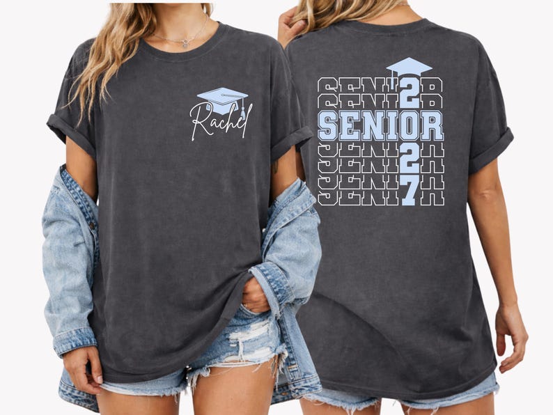 Custom graduation shirt designed with repeating senior text graphics, graduation cap artwork and personalized student name detail printed on a relaxed fit Comfort Colors tee for senior year activities.