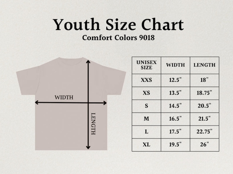 The image is a youth size chart for a t-shirt, providing measurements for different age groups. The chart includes a table with widths and corresponding measurements, such as "XS 12.5", "S 14.5", "M 16.5", "L 17.5", "XL 22.75", and "XL 26". The chart is titled "Youth Size Chart" and is labeled with "Comfort Colors 9018".