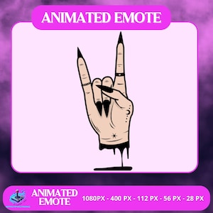 May include: An animated emote showing a hand making a rock and roll gesture, with black nails and rings. The image includes the text "ANIMATED EMOTE" and pixel dimensions, set against a pink and purple background.