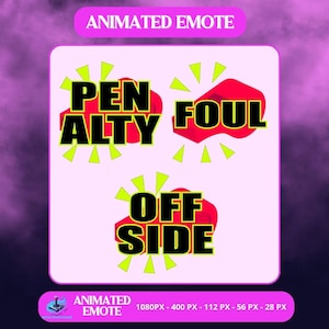 Op de afbeelding: Geanimeerde emote-afbeeldingen met de woorden "PENALTY", "FOUL" en "OFFSIDE" in vette zwarte tekst met gele accenten. Elk woord is geplaatst tegen een rode vorm, met een lichtroze achtergrond en een paarse gradiënt.