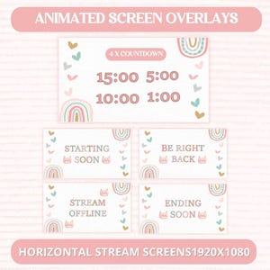 May include: Animated screen overlays with a pastel color scheme. The design includes countdown timers, rainbows, hearts, and text such as "Starting Soon" and "Stream Offline." The overlays are designed for horizontal streams with a resolution of 1920x1080.