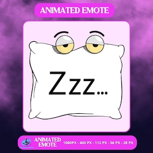 May include: Animated emote featuring a white pillow with the word "Zzz..." in black. The pillow has cartoon eyes with yellow irises and black eyelashes. The image has a pink background with the text "ANIMATED EMOTE".