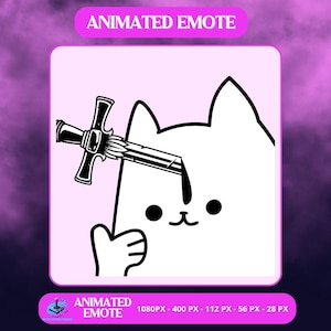 Puede incluir: Ilustración de un gato blanco con una espada atravesando su cabeza, sobre un fondo rosa. El gato tiene ojos negros y una pequeña sonrisa. El texto "ANIMATED EMOTE" está incluido en una pancarta rosa.