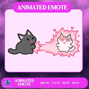 May include: An animated emote featuring two cartoon cats. One is grey and the other is white with brown and grey markings. The grey cat is sticking its tongue out, while the other has hearts for eyes. The text "ANIMATED EMOTE" is at the top and bottom.