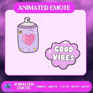 Puede incluir: Gráfico digital con un bote de spray morado con un corazón rosa, sol, arcoíris y estrellas. Junto a él, una nube rosa con las palabras "GOOD VIBES". Las palabras "ANIMATED EMOTE" se muestran arriba y abajo.